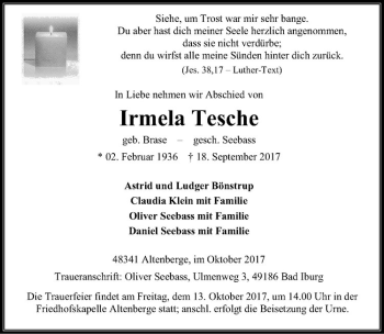 Anzeige von Irmela Tesche von Westfälische Nachrichten