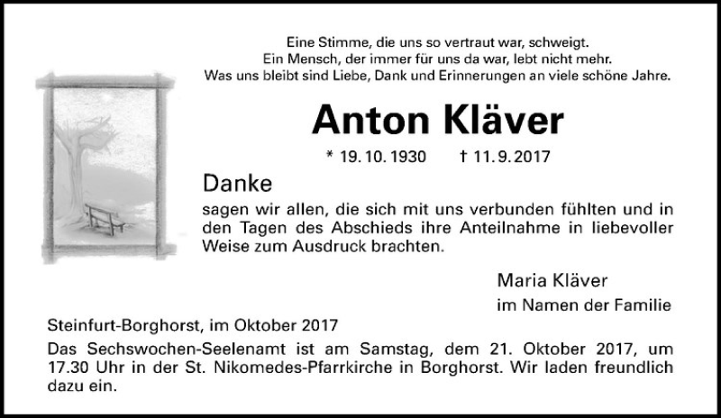  Traueranzeige für Anton Kläver vom 14.10.2017 aus Westfälische Nachrichten