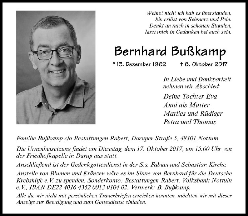  Traueranzeige für Bernhard Bußkamp vom 14.10.2017 aus Westfälische Nachrichten