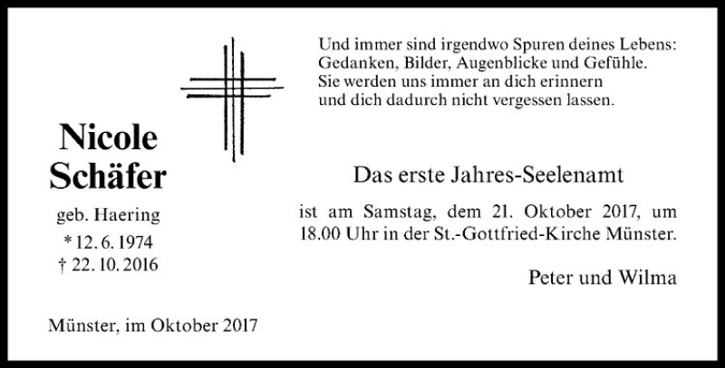  Traueranzeige für Nicole Schäfer vom 14.10.2017 aus Westfälische Nachrichten