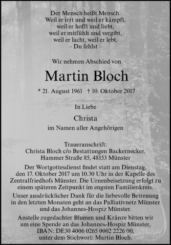 Anzeige von Martin Bloch von Westfälische Nachrichten