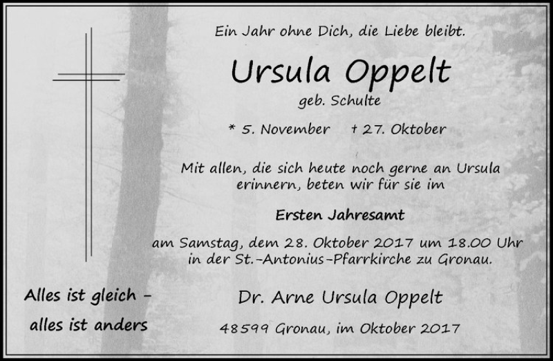  Traueranzeige für Ursula Oppelt vom 21.10.2017 aus Westfälische Nachrichten