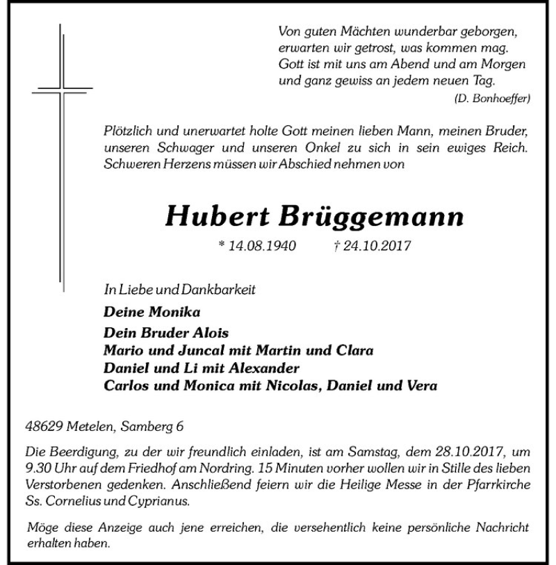  Traueranzeige für Hubert Brüggemann vom 27.10.2017 aus Westfälische Nachrichten