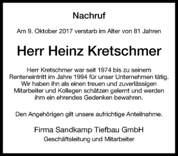Anzeige von Heinz Kretschmer von Westfälische Nachrichten