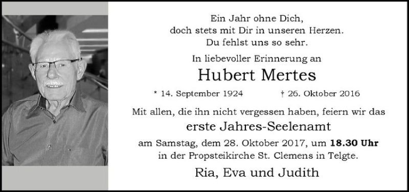  Traueranzeige für Hubert Mertes vom 21.10.2017 aus Westfälische Nachrichten