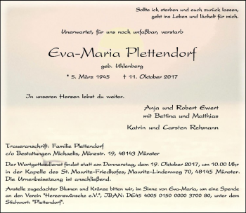 Anzeige von Eva-Maria Plettendorf von Westfälische Nachrichten
