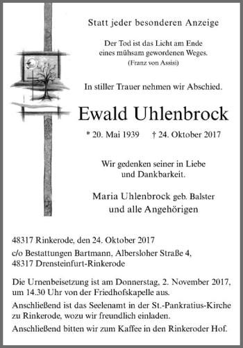 Anzeige von Ewald Uhlenbrock von Westfälische Nachrichten
