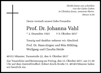 Anzeige von Johanna Vahl von Westfälische Nachrichten
