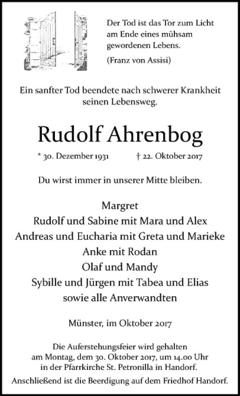 Anzeige von Rudolf Ahrenberg von Westfälische Nachrichten
