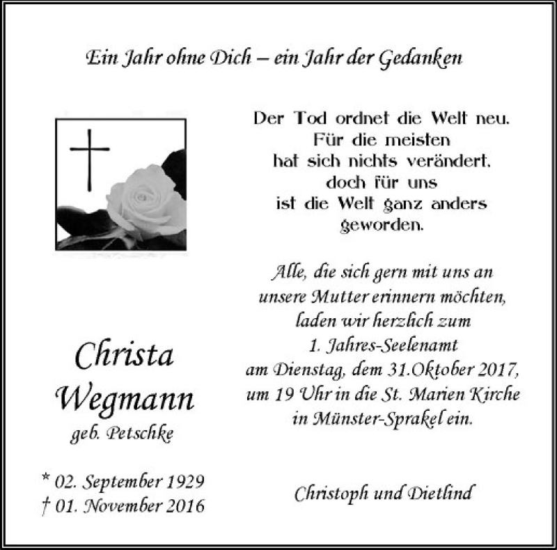  Traueranzeige für Christa Wegmann vom 28.10.2017 aus Westfälische Nachrichten