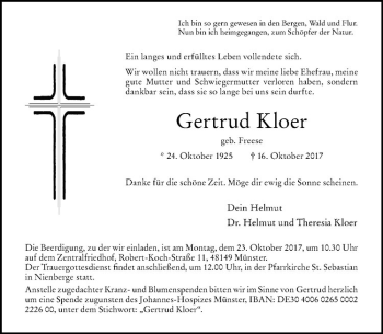 Anzeige von Gertrud Kloer von Westfälische Nachrichten