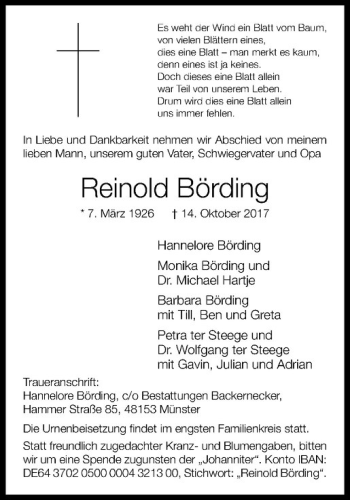 Anzeige von Reinold Börding von Westfälische Nachrichten