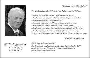 Anzeige von Willi Hagemann von Westfälische Nachrichten