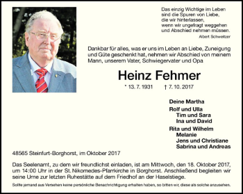Anzeige von Heinz Fehmer von Westfälische Nachrichten