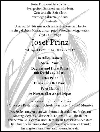 Anzeige von Josef Prinz von Westfälische Nachrichten