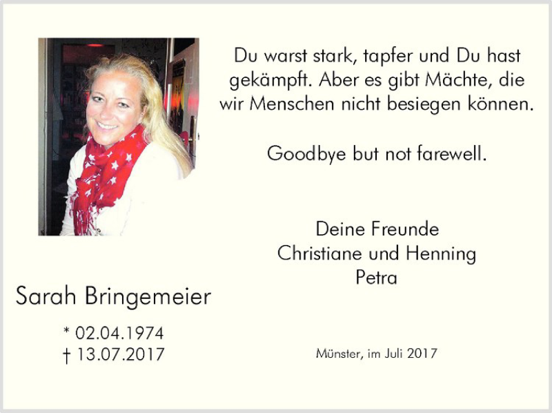  Traueranzeige für Sarah Bringemeier vom 19.07.2017 aus Westfälische Nachrichten