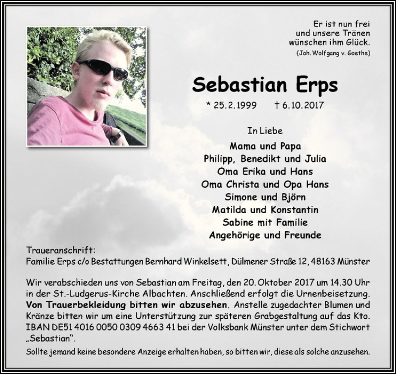 Traueranzeige für Sebastian Erps vom 14.10.2017 aus Westfälische Nachrichten