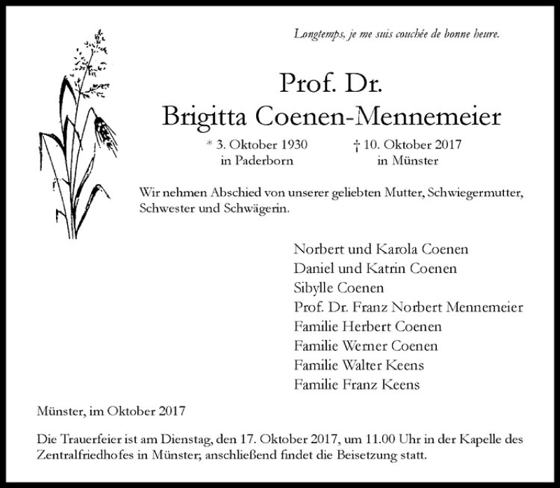  Traueranzeige für Brigitta Coenen-Mennemeier vom 14.10.2017 aus Westfälische Nachrichten