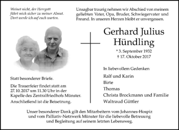 Anzeige von Gerhard Julius Hündling von Westfälische Nachrichten