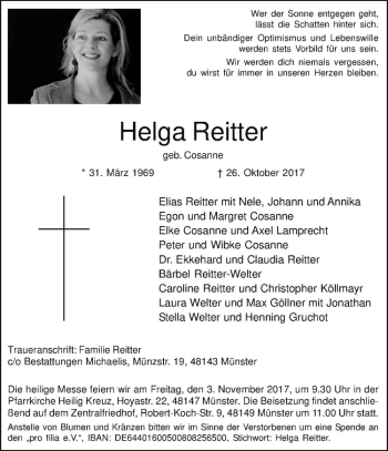 Anzeige von Helga Reitter von Westfälische Nachrichten