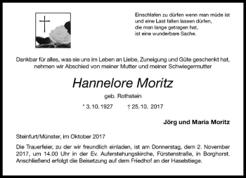 Anzeige von Hannelore Moritz von Westfälische Nachrichten