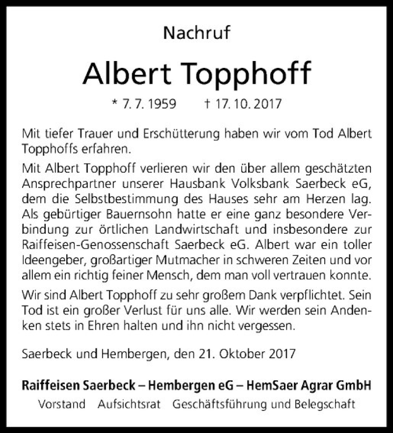  Traueranzeige für Albert Topphoff vom 21.10.2017 aus Westfälische Nachrichten