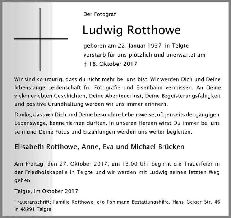  Traueranzeige für Ludwig Rotthowe vom 24.10.2017 aus Westfälische Nachrichten
