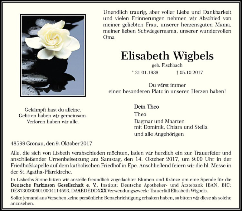  Traueranzeige für Elisabeth Wigbels vom 11.10.2017 aus Westfälische Nachrichten