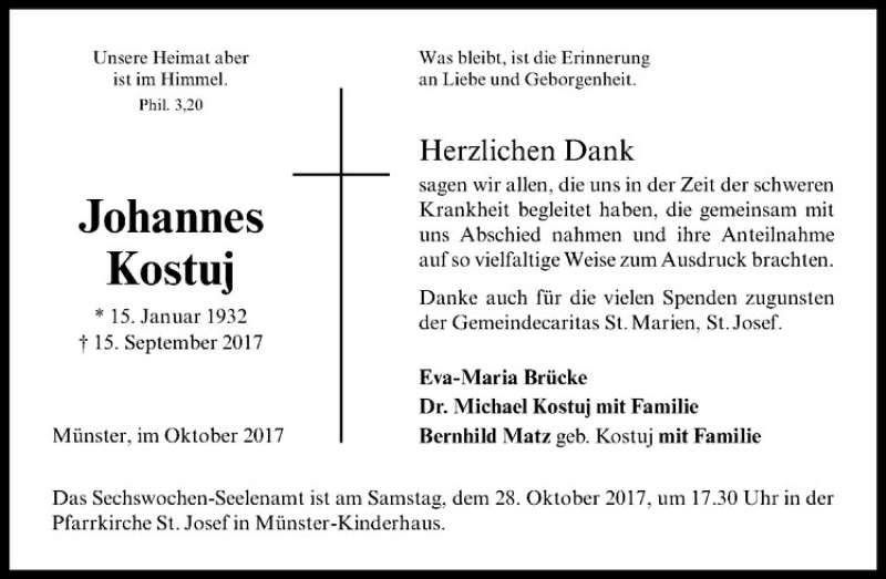  Traueranzeige für Johannes Kostuj vom 21.10.2017 aus Westfälische Nachrichten