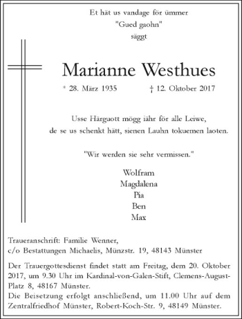 Anzeige von Marianne Westhues von Westfälische Nachrichten
