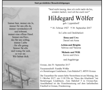 Anzeige von Hildegard Wölfer von Westfälische Nachrichten