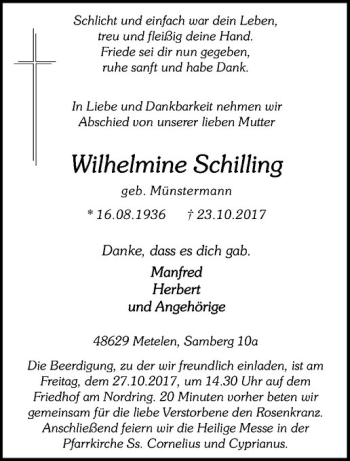 Anzeige von Wilhelmine Schilling von Westfälische Nachrichten