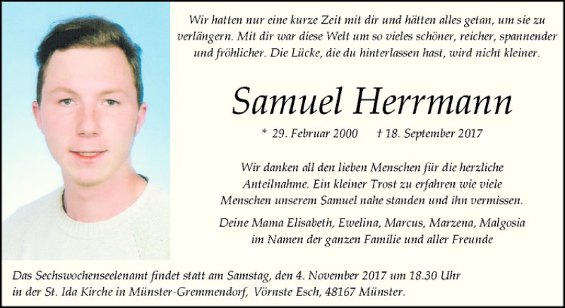  Traueranzeige für Samuel Herrmann vom 25.10.2017 aus Westfälische Nachrichten