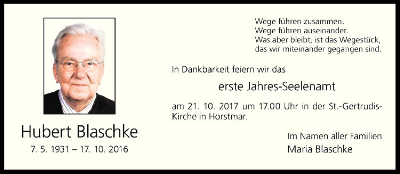  Traueranzeige für Hubert Blaschke vom 14.10.2017 aus Westfälische Nachrichten