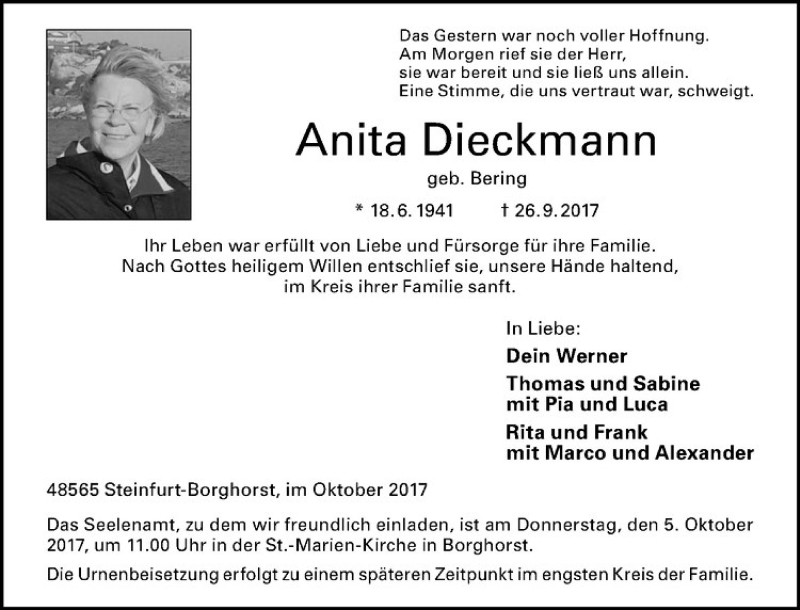  Traueranzeige für Anita Dieckmann vom 02.10.2017 aus Westfälische Nachrichten
