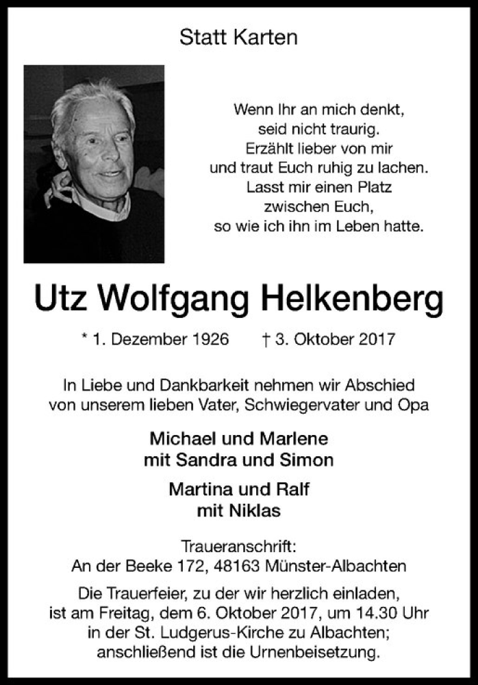  Traueranzeige für Utz Wolfgang Helken vom 05.10.2017 aus Westfälische Nachrichten