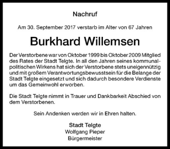 Anzeige von Burkhard Willemsen von Westfälische Nachrichten