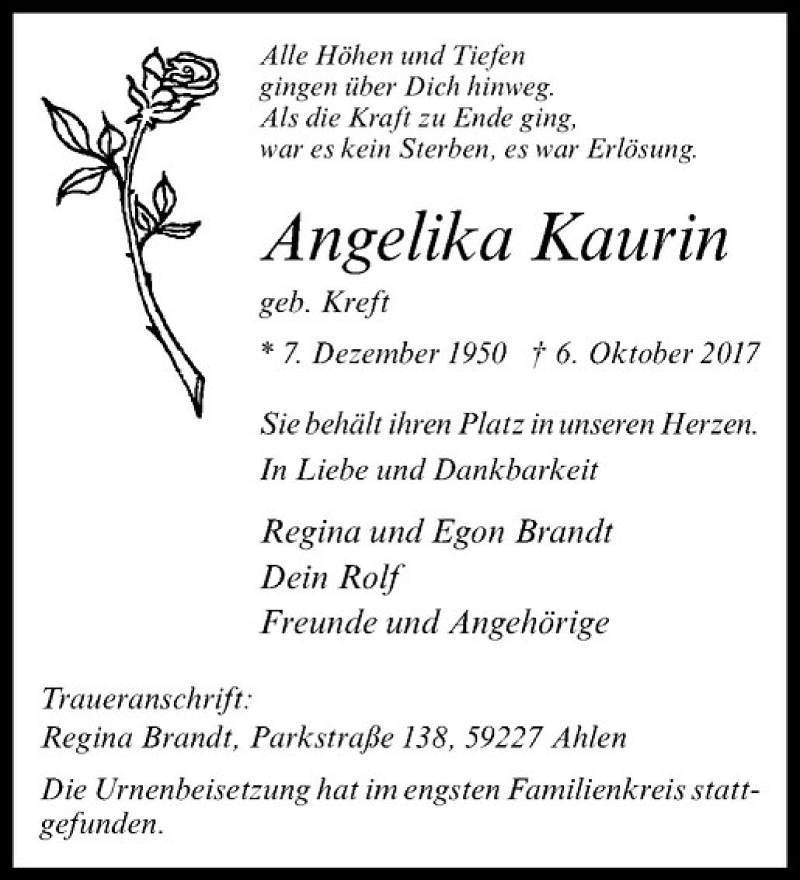  Traueranzeige für Angelika Kaurin vom 17.10.2017 aus Westfälische Nachrichten