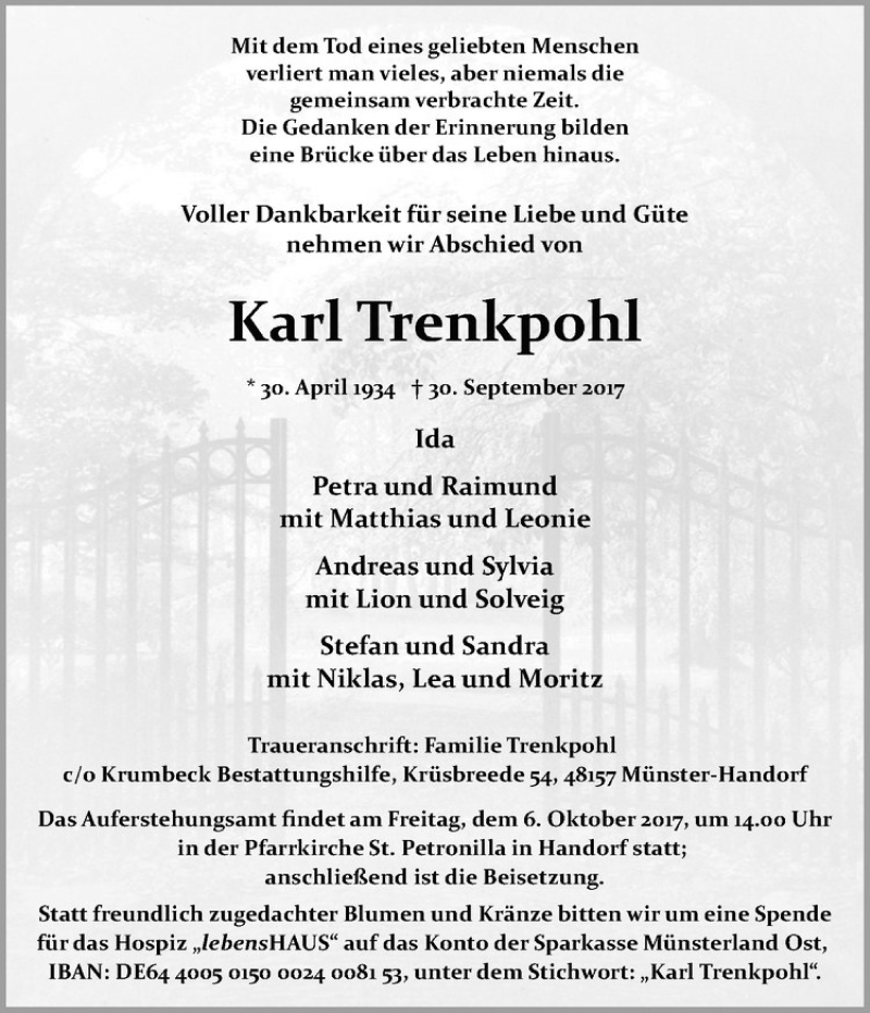  Traueranzeige für   vom 03.10.2017 aus Westfälische Nachrichten