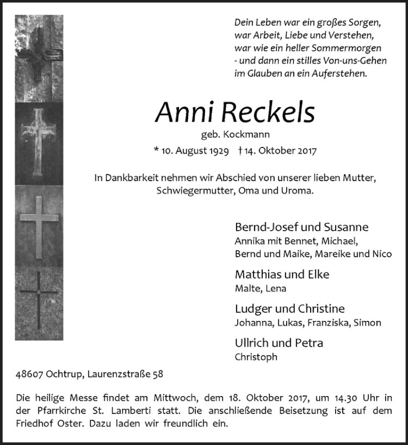  Traueranzeige für Anni Reckels vom 16.10.2017 aus Westfälische Nachrichten