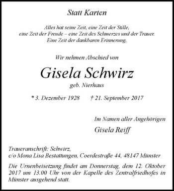 Anzeige von Gisela Schwirz von Westfälische Nachrichten