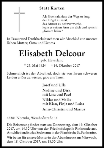 Anzeige von Elisabeth Delcour von Westfälische Nachrichten