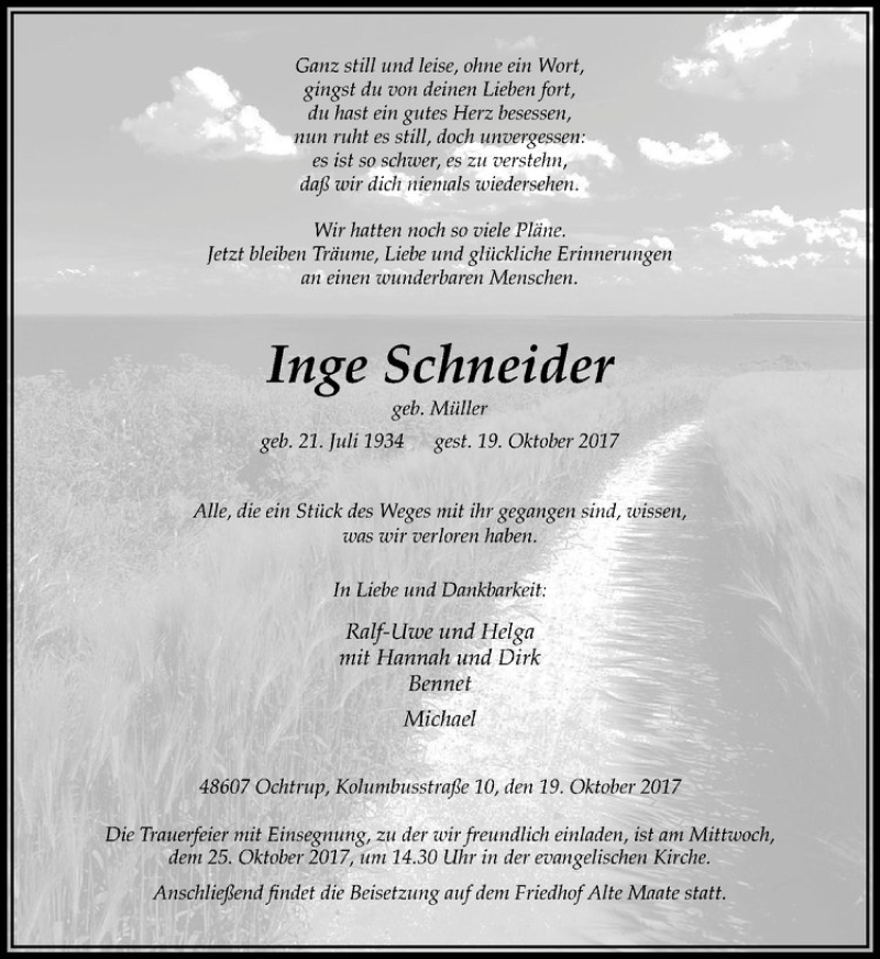  Traueranzeige für Inge Schneider vom 23.10.2017 aus Westfälische Nachrichten