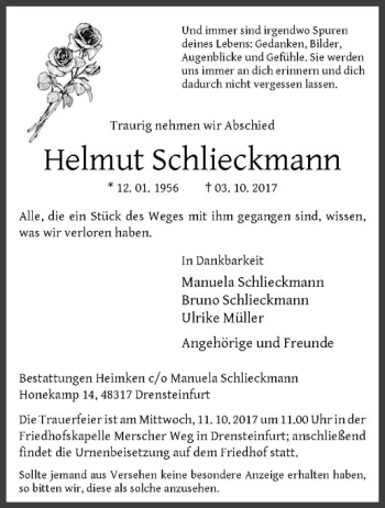 Anzeige von Helmut Schlieckmann von Westfälische Nachrichten