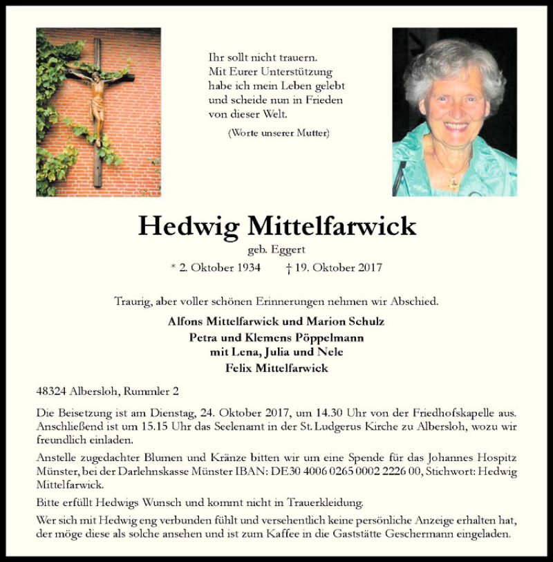  Traueranzeige für Hedwig Mittelfarwick vom 21.10.2017 aus Westfälische Nachrichten