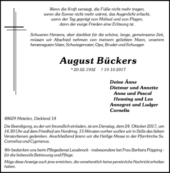 Anzeige von August Bückers von Westfälische Nachrichten