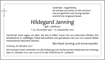 Anzeige von Hildegard Janning von Westfälische Nachrichten