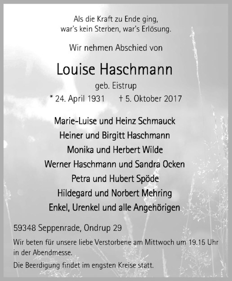  Traueranzeige für Louise Haschmann vom 10.10.2017 aus Westfälische Nachrichten