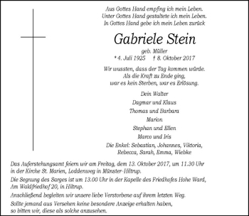 Anzeige von Gabriele Stein von Westfälische Nachrichten