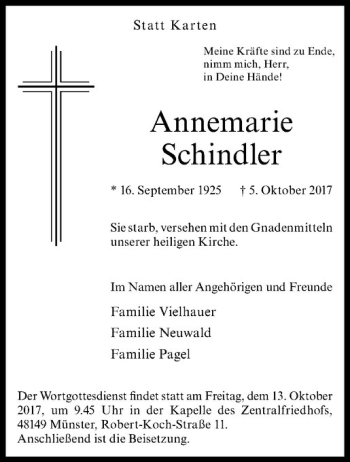 Anzeige von Annemarie Schindler von Westfälische Nachrichten